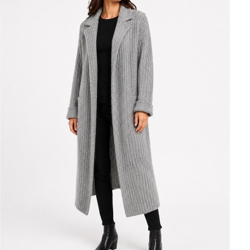 Women's Long Cardigan Sweater Gray Sz M Lambswool Ribbed Belted Open Front Cozy